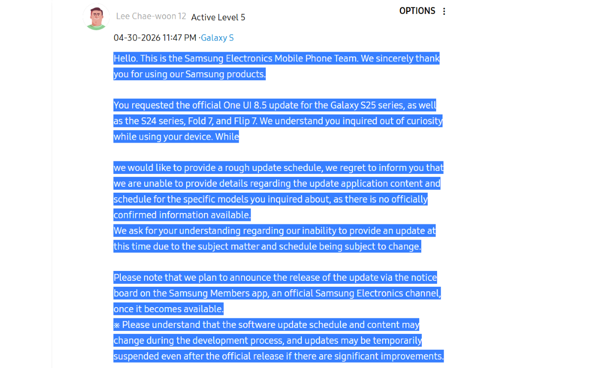 Galaxy S25 Stable One UI 8.5 Update