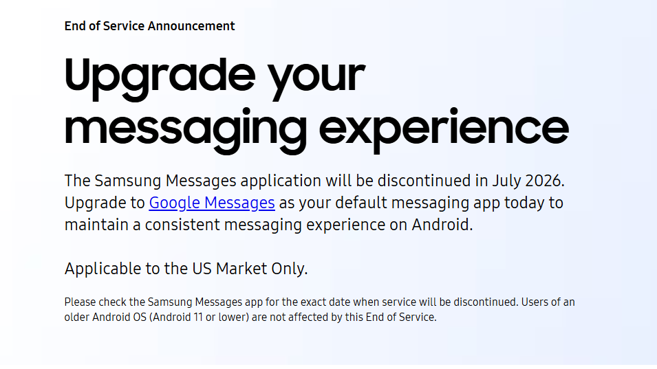 Samsung Messages Shut Down in the US